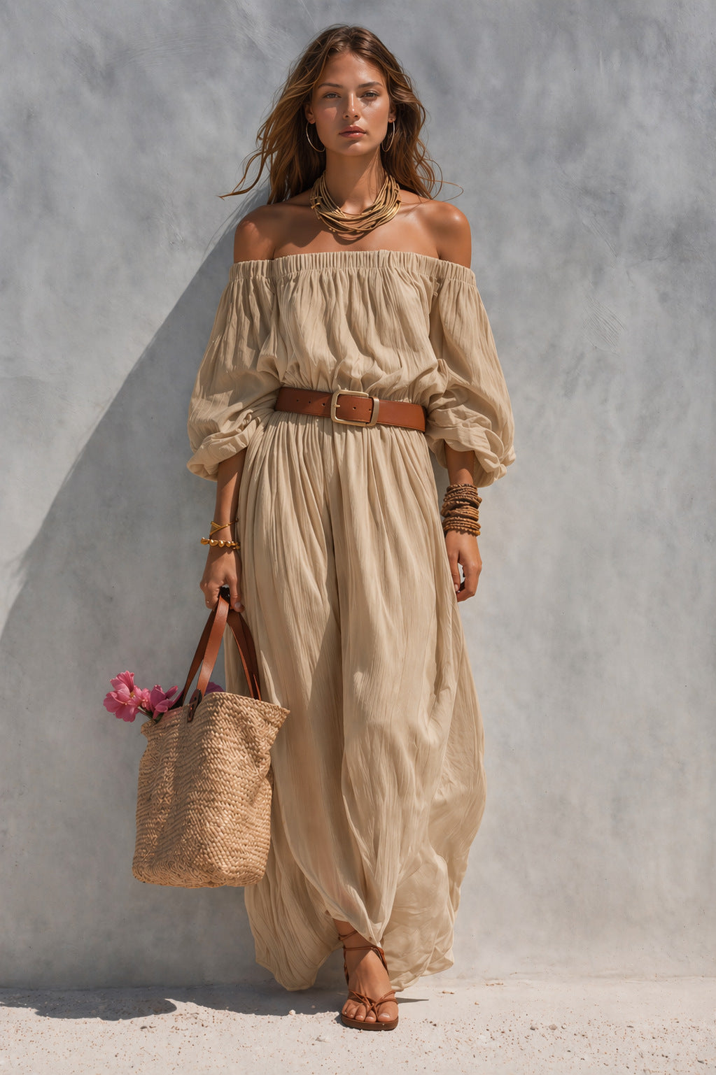 Women's Casual Beige Woven Off-Shoulder Long-Sleeve Maxi Dress (with Belt)
