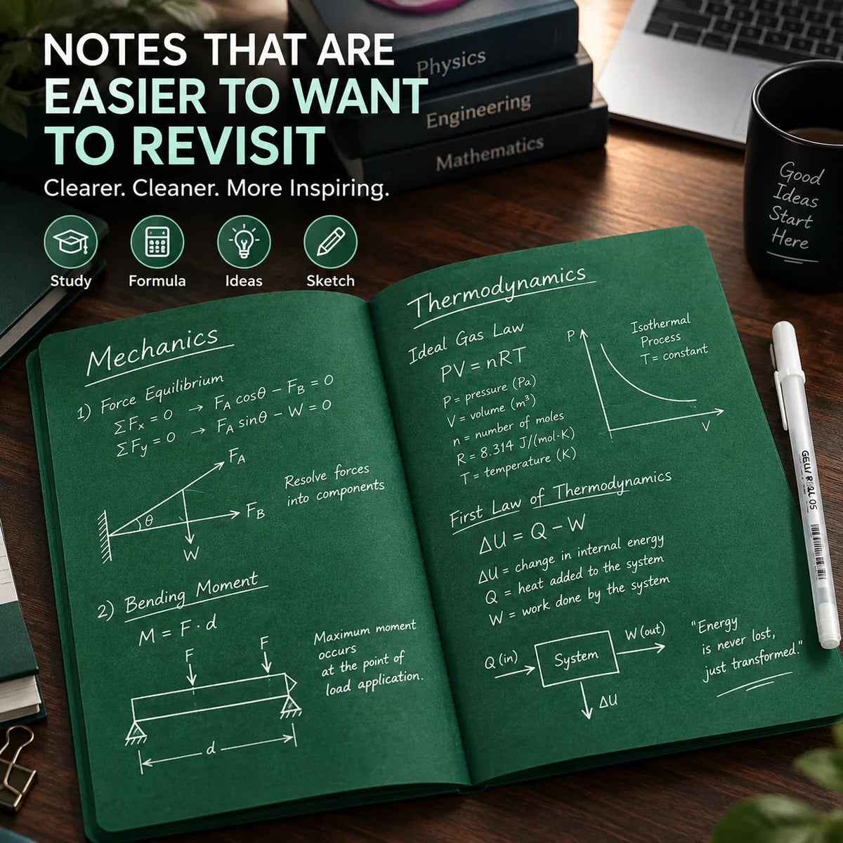Deep Green Blank Notebook With White Gel Pen | Aesthetic Writing & Sketch Journal