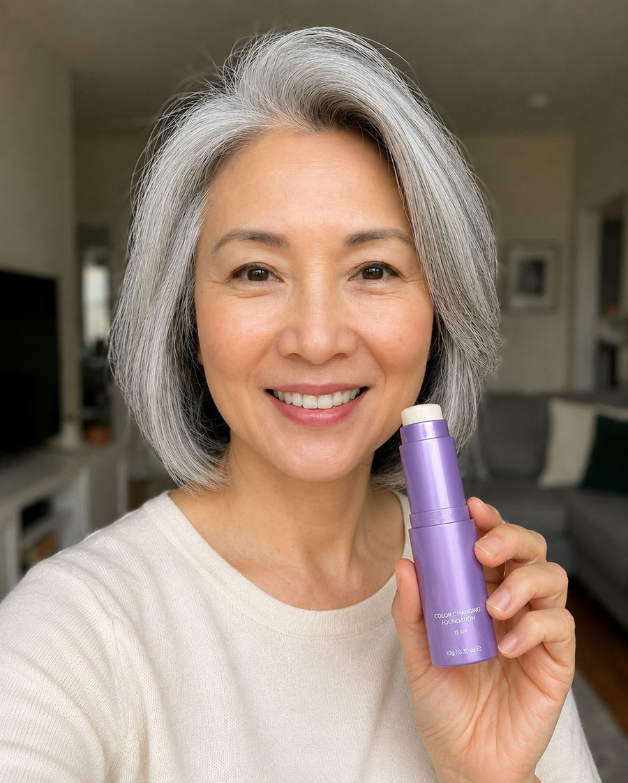 Mia, 56 holding the purple foundation stick
