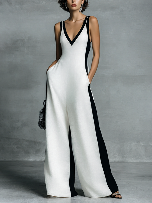 Women's Fashion Black and White Cotton Linen Color Block Thin Strap Jumpsuit