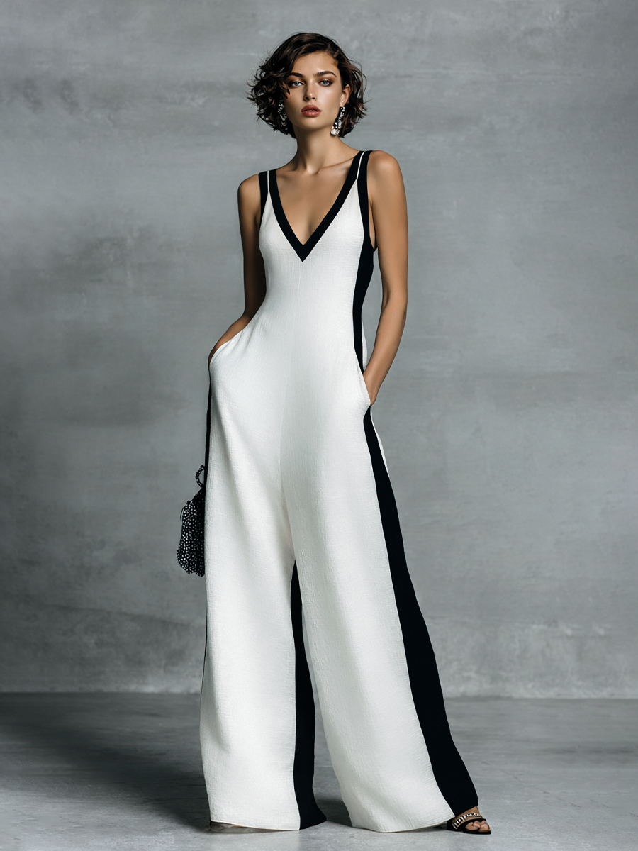 Women's Fashion Black and White Cotton Linen Color Block Thin Strap Jumpsuit