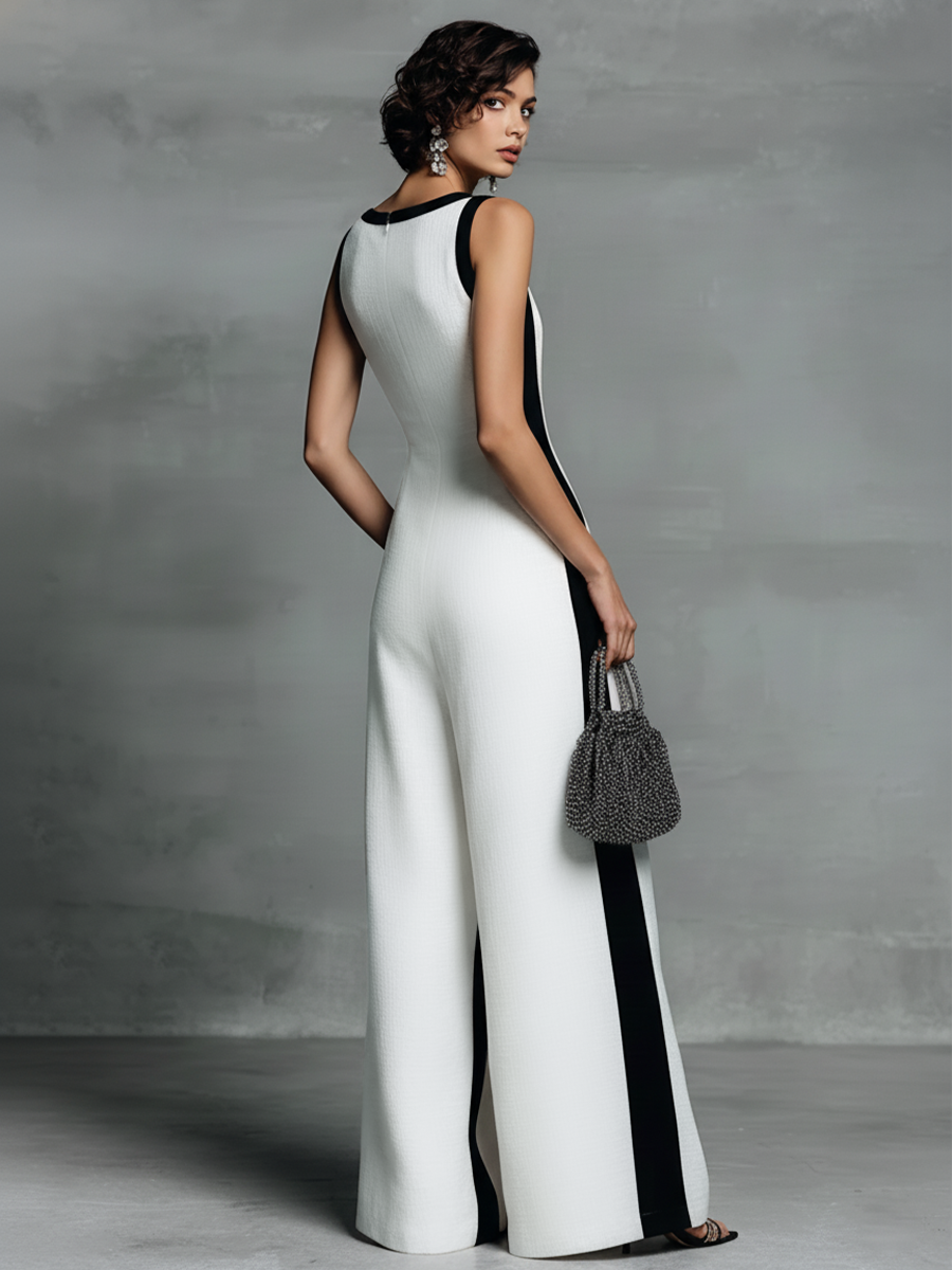 Women's Fashion Black and White Cotton Linen Color Block Thin Strap Jumpsuit