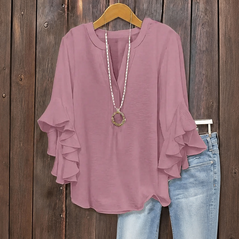 Plus Size Women's Ruffle Sleeve V-Neck Shirt