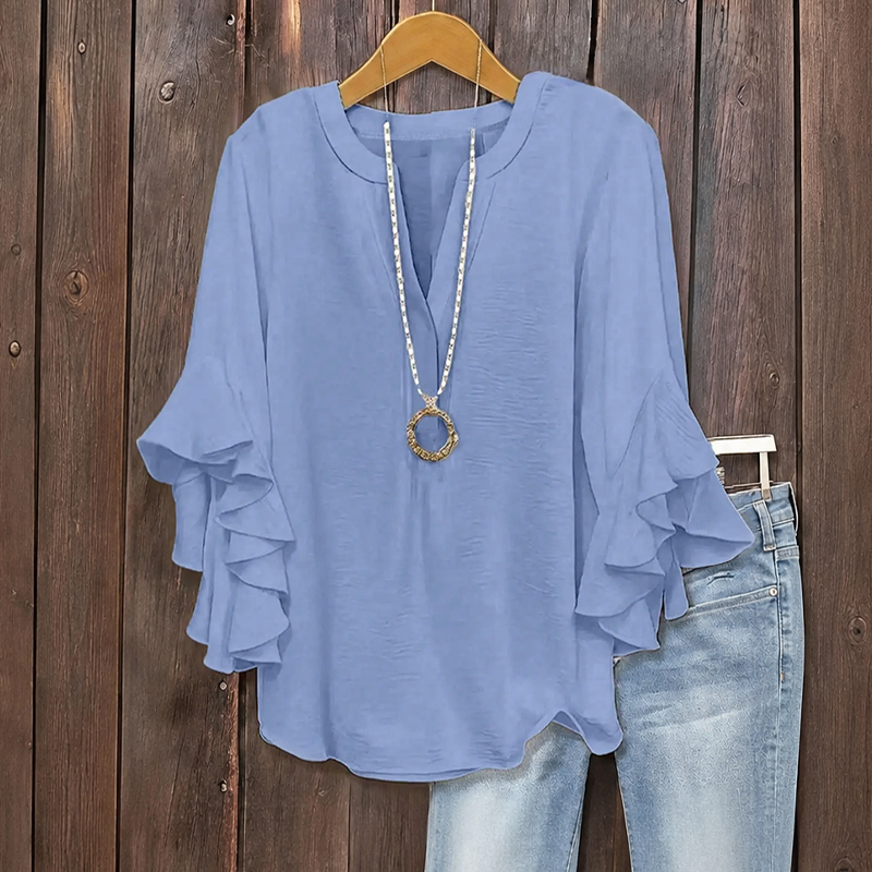 Plus Size Women's Ruffle Sleeve V-Neck Shirt