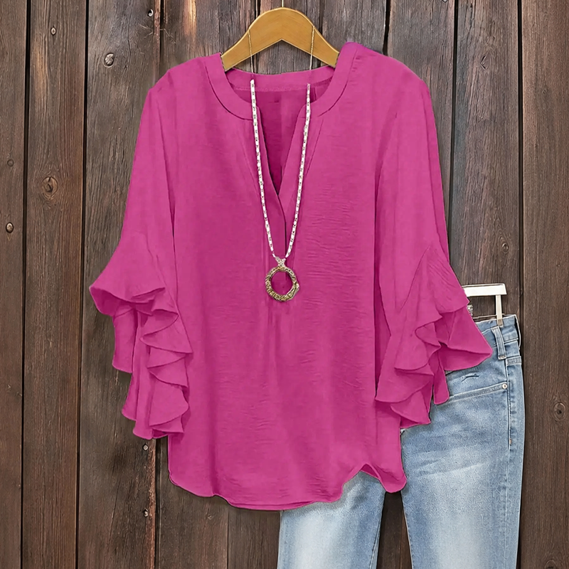 Plus Size Women's Ruffle Sleeve V-Neck Shirt