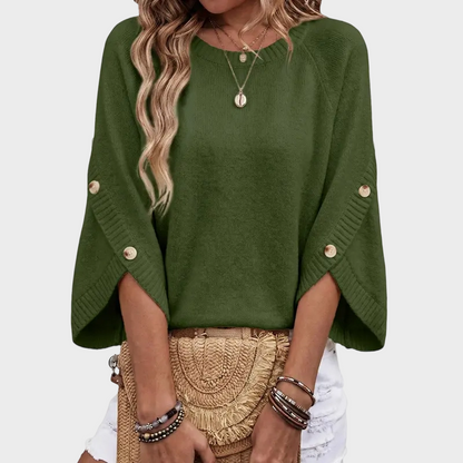 Women's 3/4 Sleeve Oversized Crewneck Knit Sweater with Button Sleeve