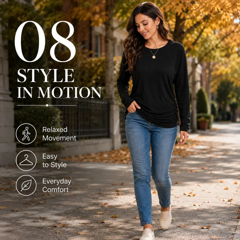 Womens Long Sleeve Shirts Ruched Hem Fall Tops