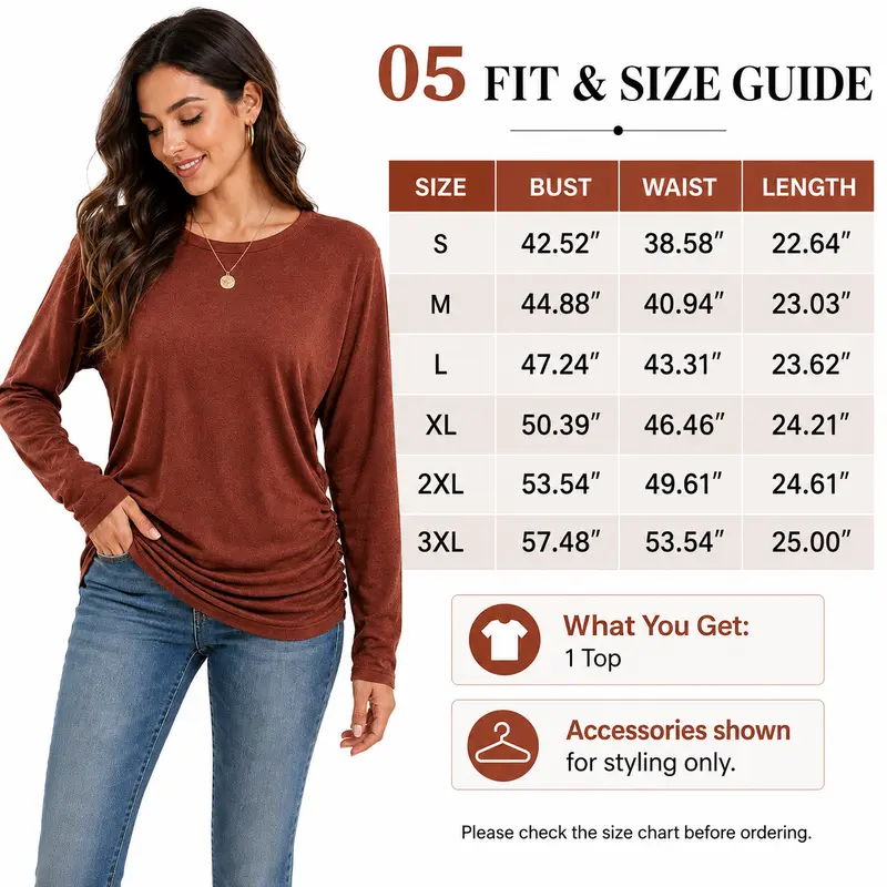 Womens Long Sleeve Shirts Ruched Hem Fall Tops