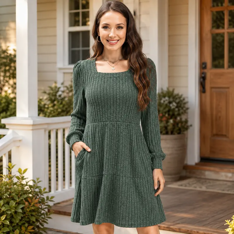 Women's Square Neck Long Sleeve Fall Babydoll Sweater Dress