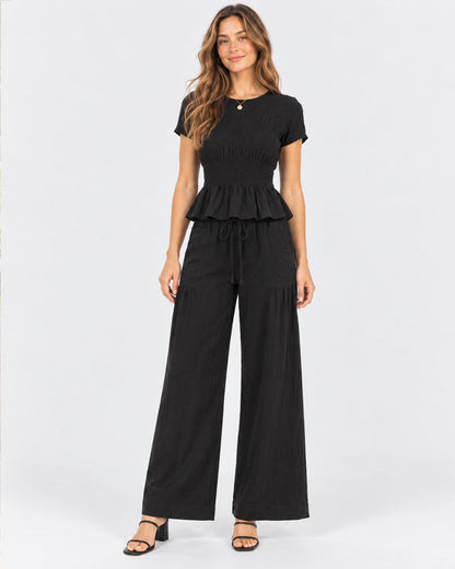 Women's 2 Piece Boho Set Smocked Top Wide Leg Pants
