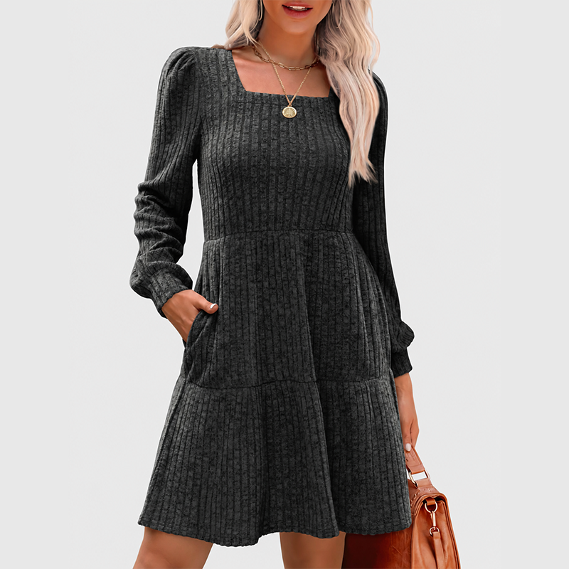 Women's Square Neck Long Sleeve Fall Babydoll Sweater Dress