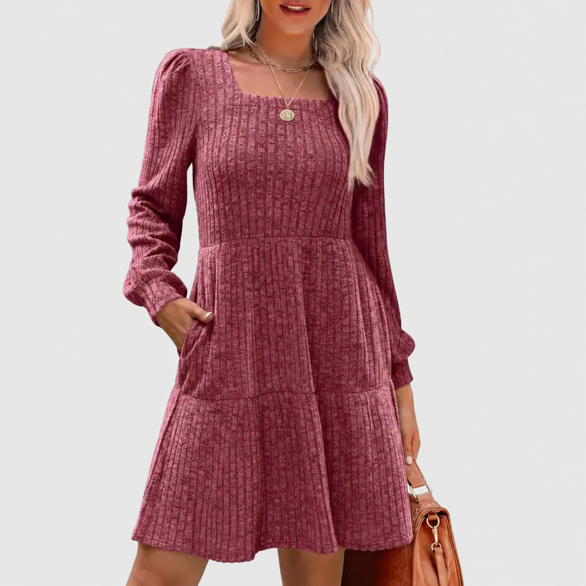 Women's Square Neck Long Sleeve Fall Babydoll Sweater Dress
