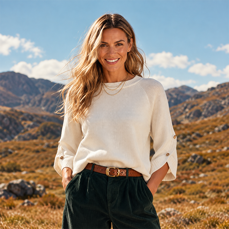 Women's 3/4 Sleeve Oversized Crewneck Knit Sweater with Button Sleeve
