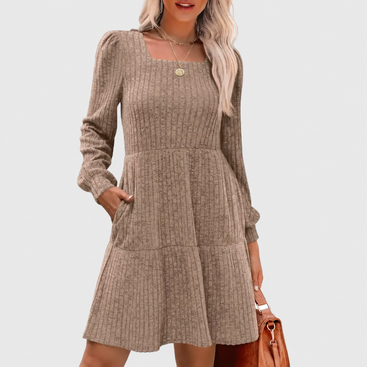 Women's Square Neck Long Sleeve Fall Babydoll Sweater Dress
