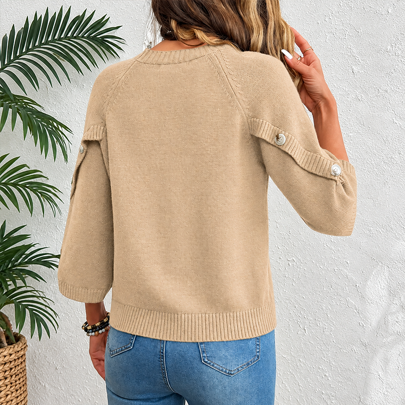 Women's 3/4 Sleeve Oversized Crewneck Knit Sweater with Button Sleeve