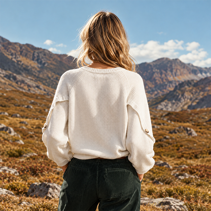 Women's 3/4 Sleeve Oversized Crewneck Knit Sweater with Button Sleeve