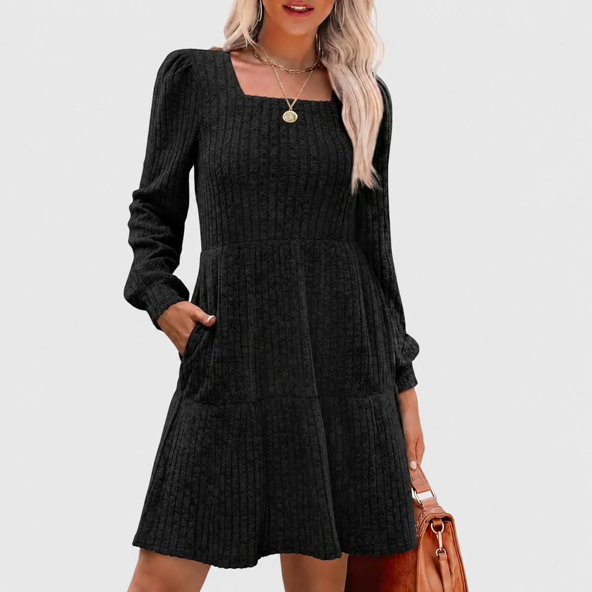 Women's Square Neck Long Sleeve Fall Babydoll Sweater Dress