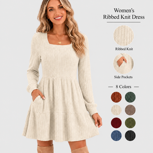 Women's Square Neck Long Sleeve Fall Babydoll Sweater Dress