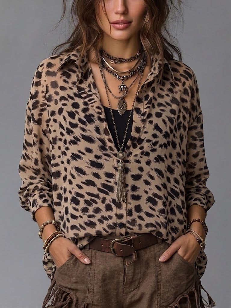 Comfortable & Casual Faux Two-piece Leopard Print Shirt