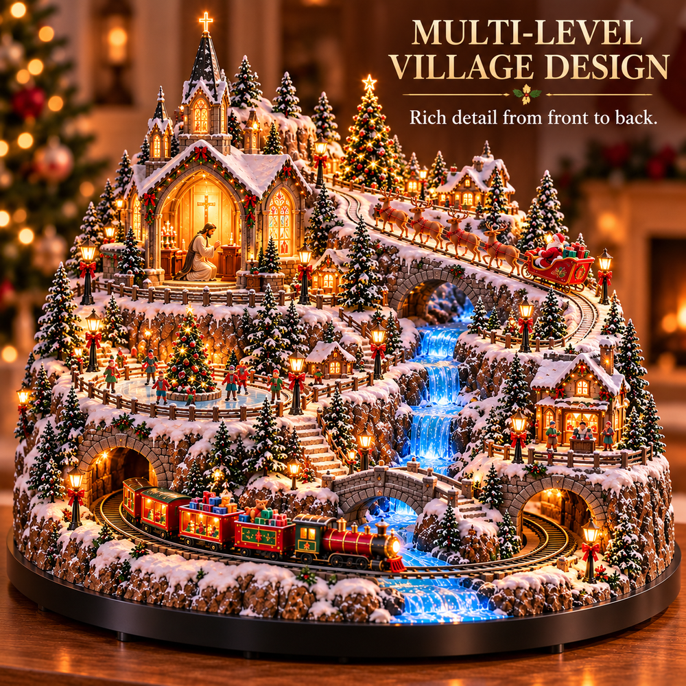 Multi-level Christmas village with glowing chapel, snowy church and Christmas decorations