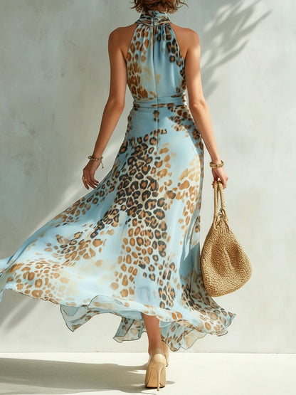 Blue Leopard Print Chiffon Maxi Dress