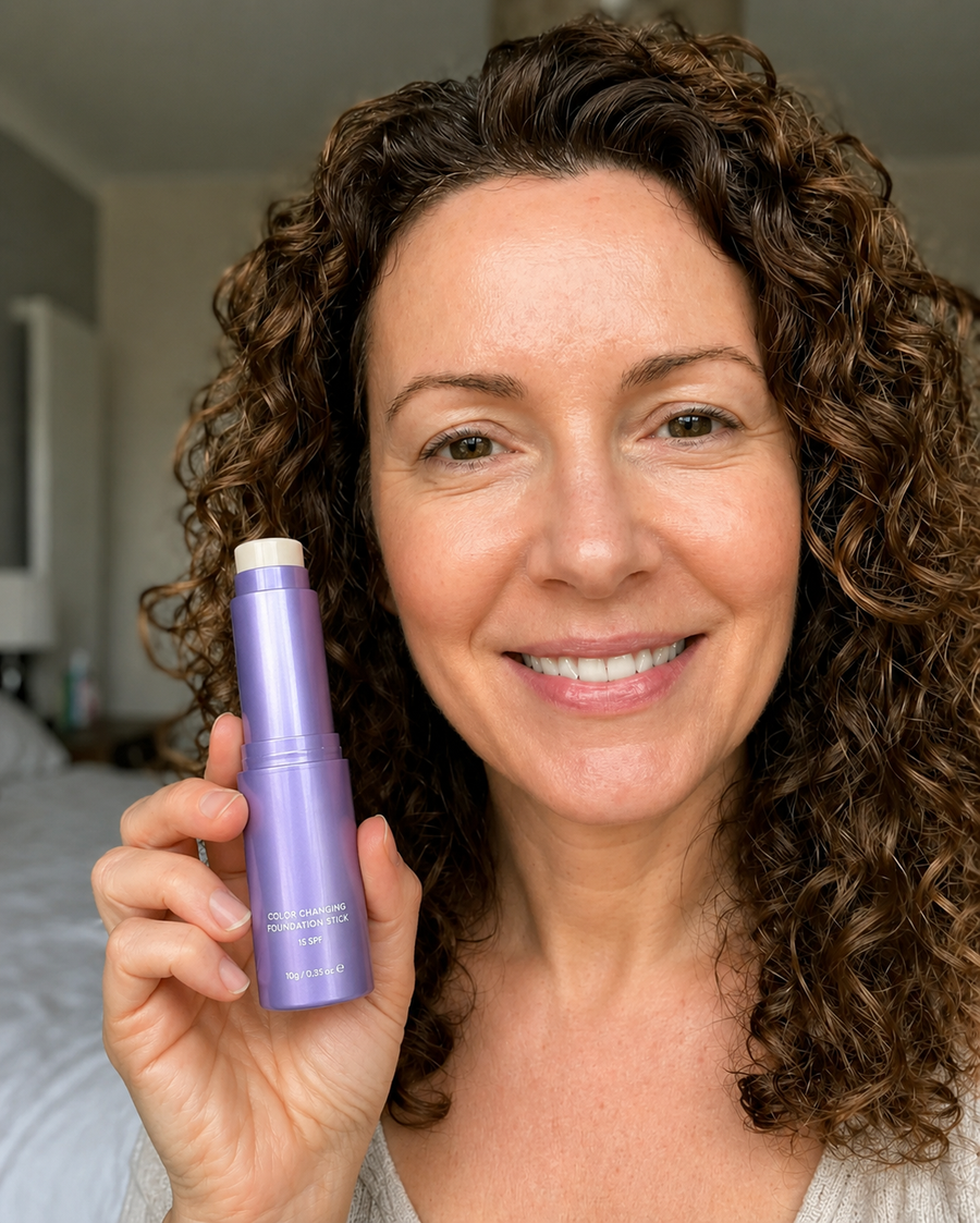 Jennifer, 58 holding the purple foundation stick
