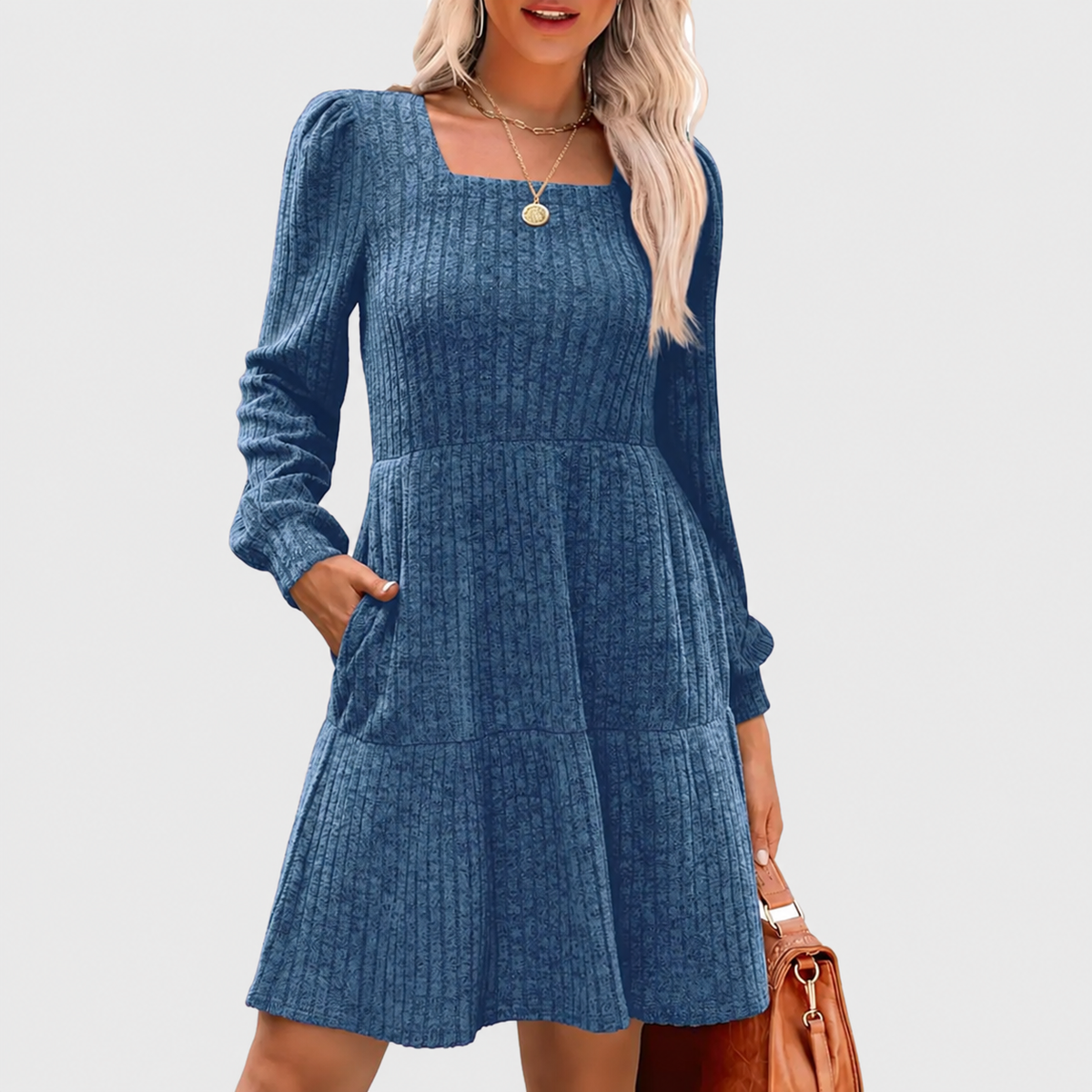 Women's Square Neck Long Sleeve Fall Babydoll Sweater Dress
