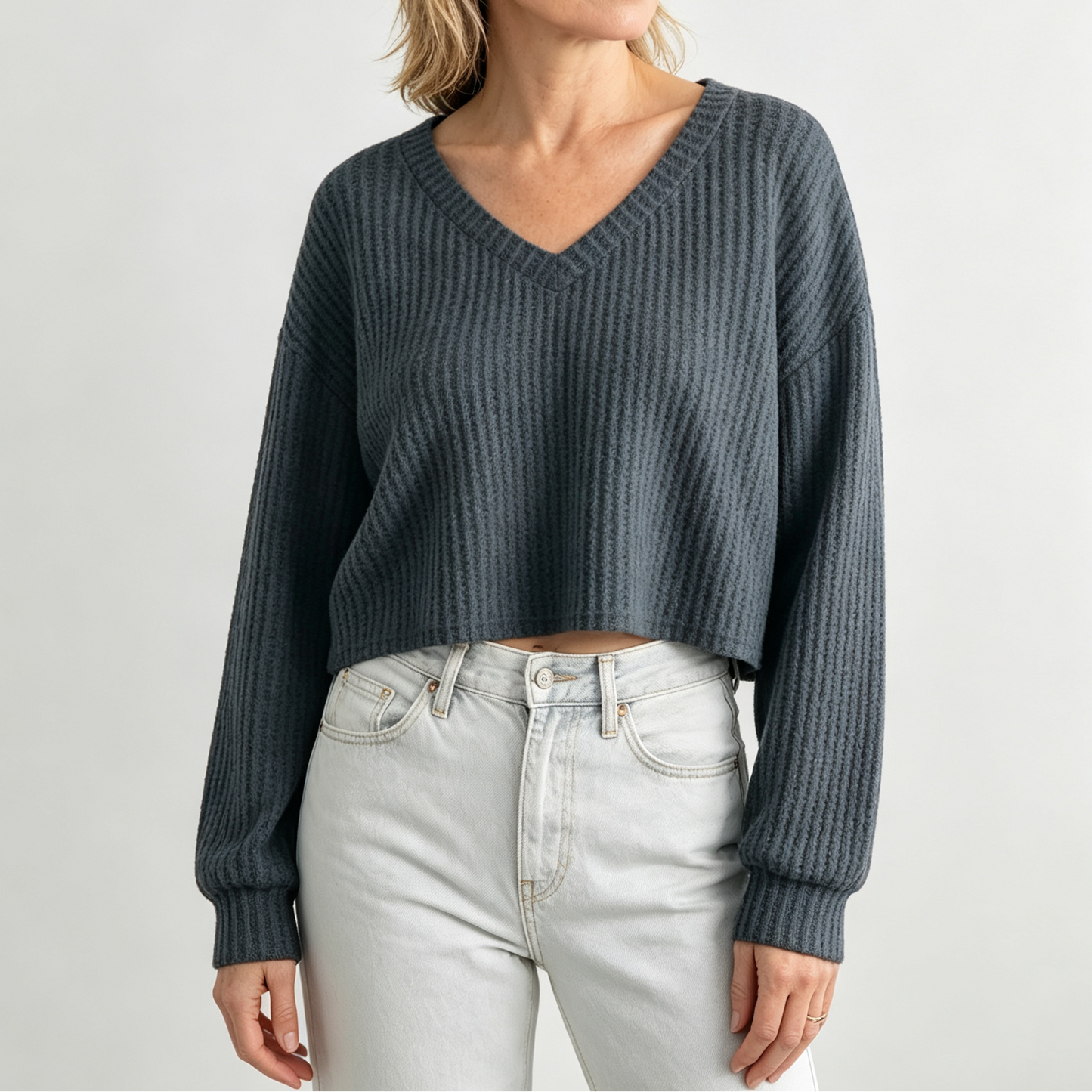 Relaxed V-Neck Ribbed Crop Top