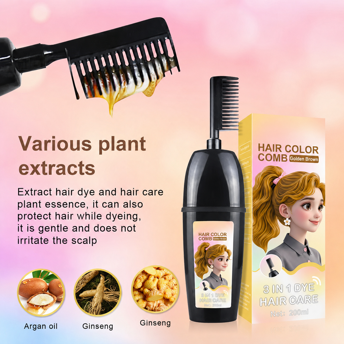 🧴3-in-1 herbal hair coloring comb | Easy hair coloring at home with built-in brush