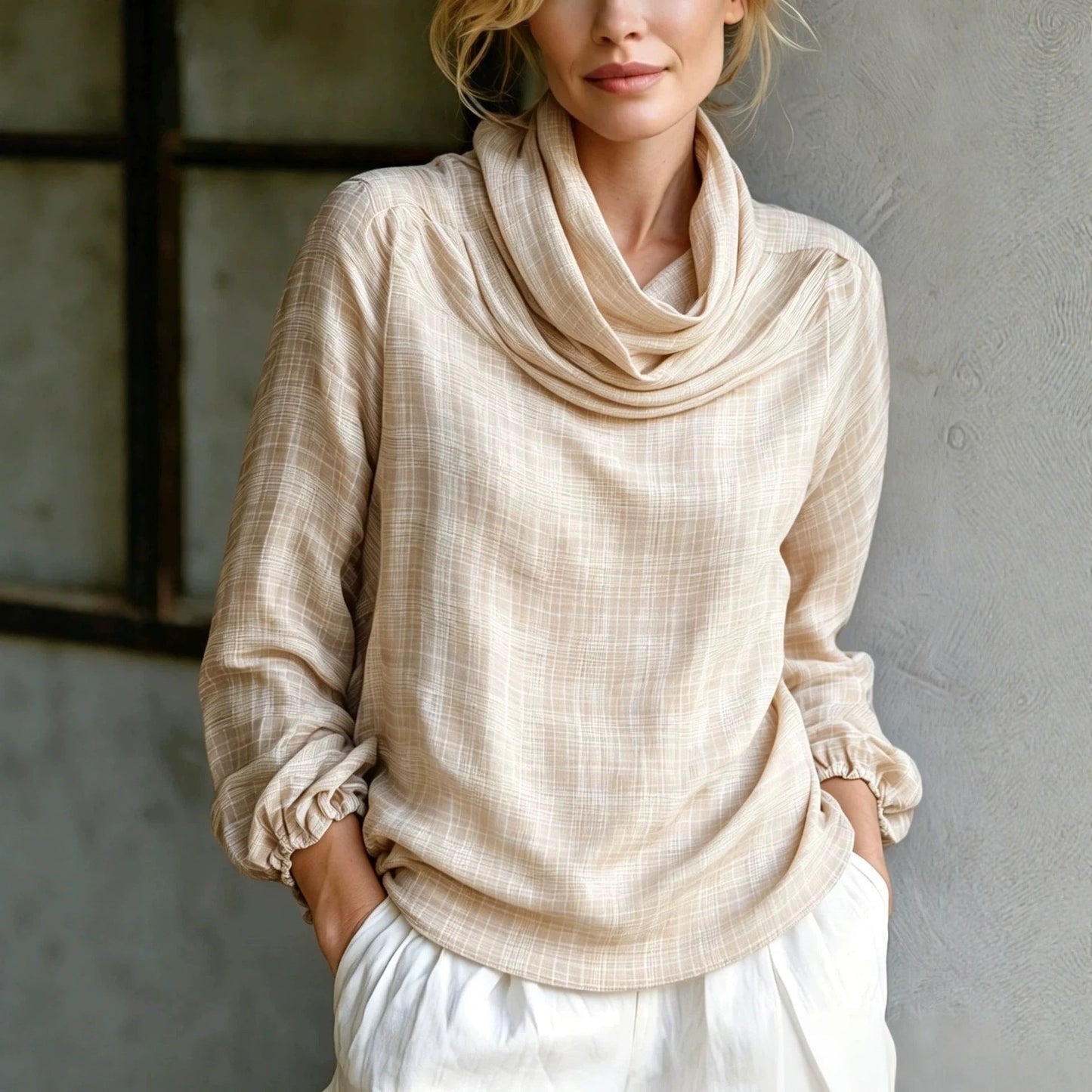 Fine Grid Cowl Neck Gathered Cuff Long Sleeve Linen Blouse