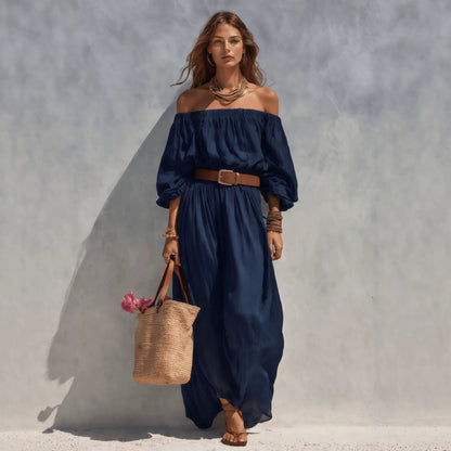Women's Casual Beige Woven Off-Shoulder Long-Sleeve Maxi Dress (with Belt)