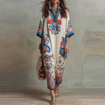 Vintage Blue Red Floral Print Linen Collar Half Placket Kaftan Midi Shirt Dress