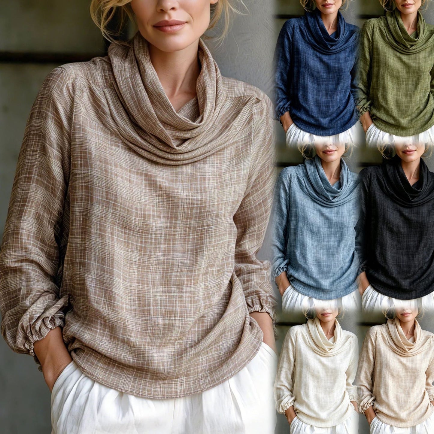 Fine Grid Cowl Neck Gathered Cuff Long Sleeve Linen Blouse