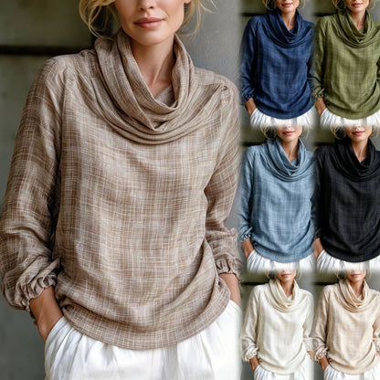 Fine Grid Cowl Neck Gathered Cuff Long Sleeve Linen Blouse