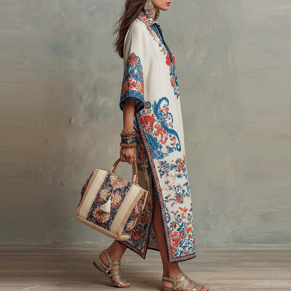 Vintage Blue Red Floral Print Linen Collar Half Placket Kaftan Midi Shirt Dress