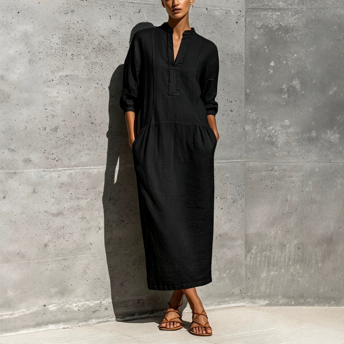 Linen Stand Collar Split V 3/4 Sleeve Drop Pocket Midi Dress