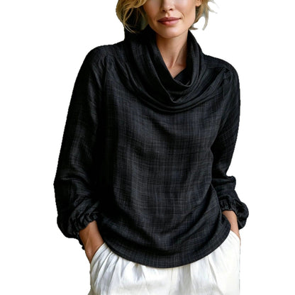 Fine Grid Cowl Neck Gathered Cuff Long Sleeve Linen Blouse