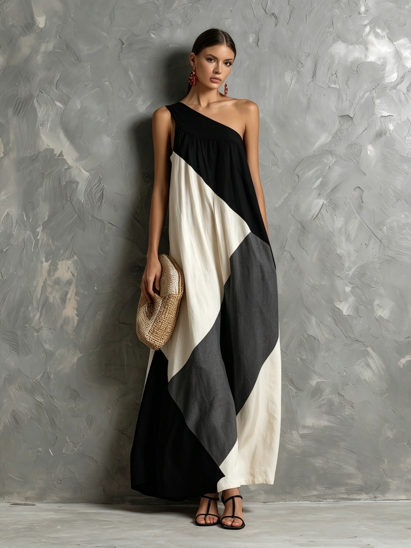 Color Block One Shoulder Vacation Maxi Dress