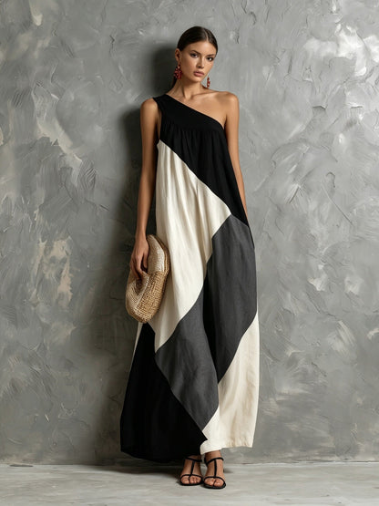 Color Block One Shoulder Vacation Maxi Dress