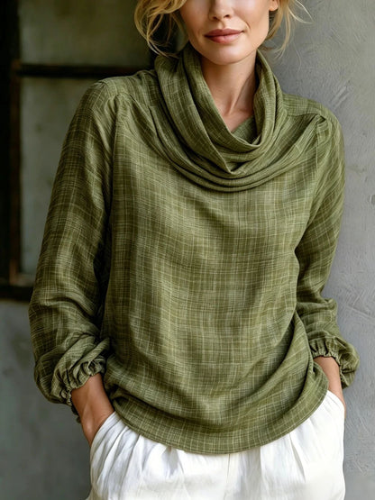 Fine Grid Cowl Neck Gathered Cuff Long Sleeve Linen Blouse