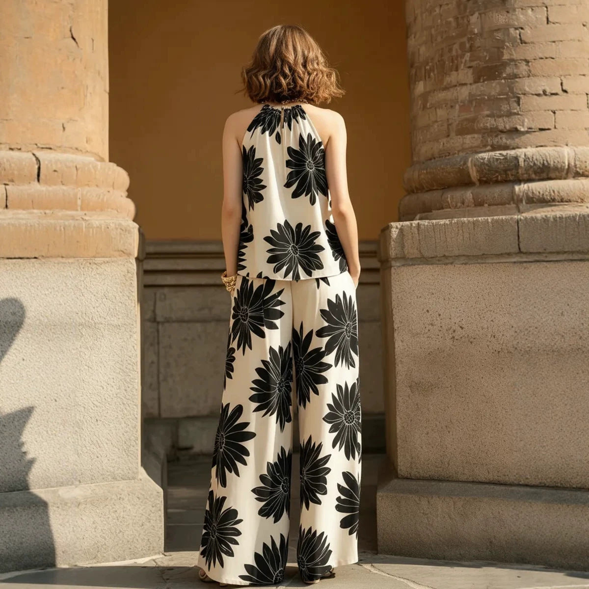 2 Piece Floral Print Wide Leg Pants Set