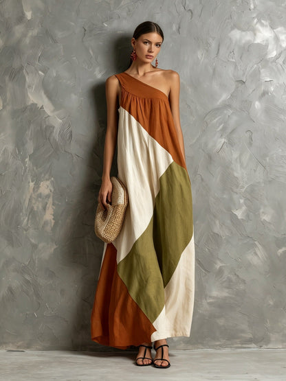 Color Block One Shoulder Vacation Maxi Dress