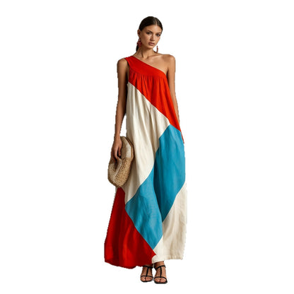 Color Block One Shoulder Vacation Maxi Dress