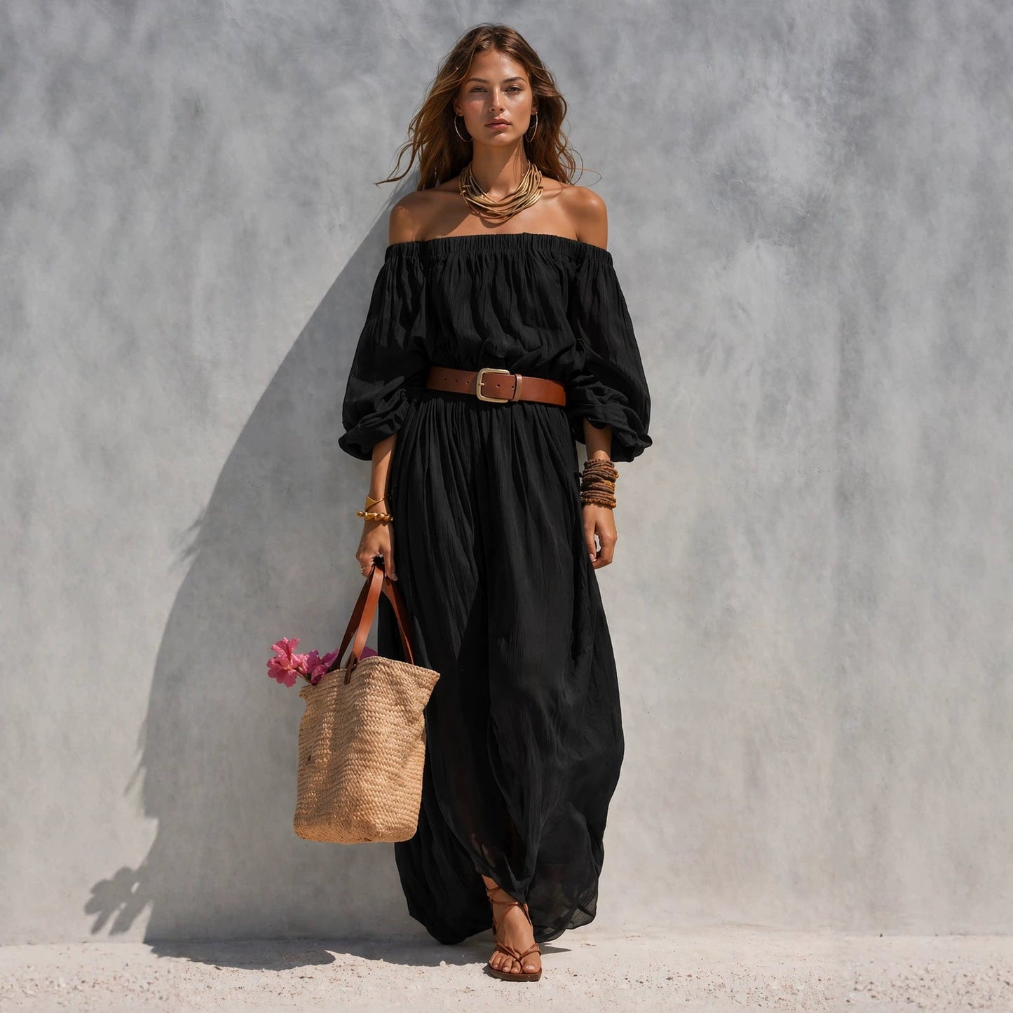 Women's Casual Beige Woven Off-Shoulder Long-Sleeve Maxi Dress (with Belt)