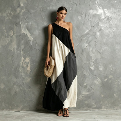 Color Block One Shoulder Vacation Maxi Dress