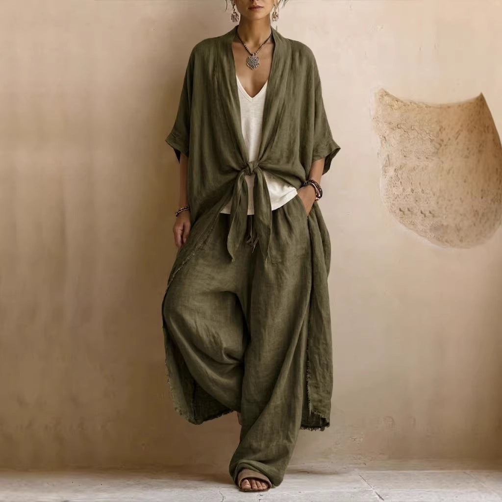 Oversized Linen Kimono & Wide Leg Pants Two-Piece Set