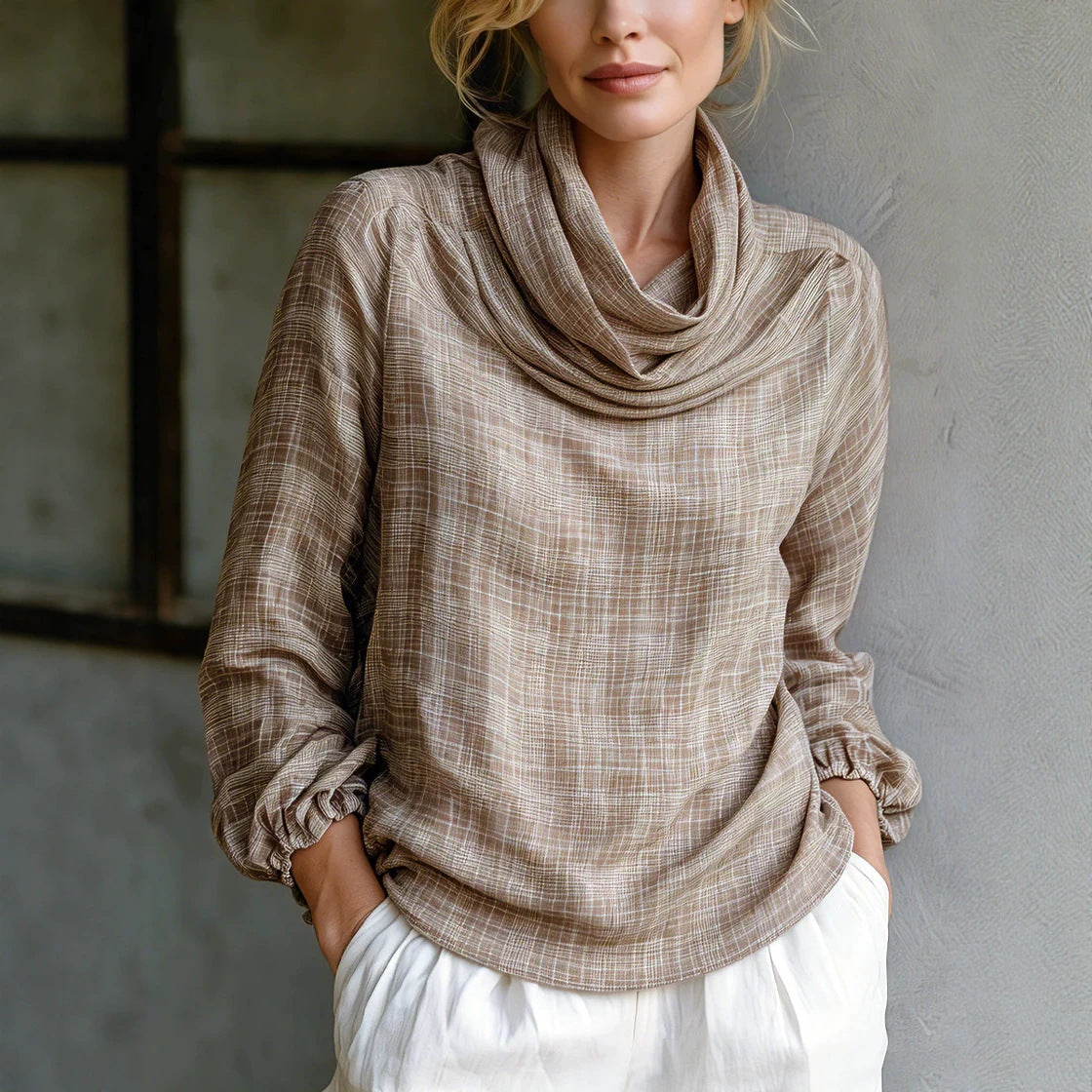 Fine Grid Cowl Neck Gathered Cuff Long Sleeve Linen Blouse