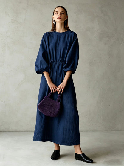 Women's Cream Textured Cotton-Blend Maxi Gown With Drop Shoulder Lantern Sleeves & Self Tie Waist Detail, Modern Effortless-Chic Everyday Maxi Dress