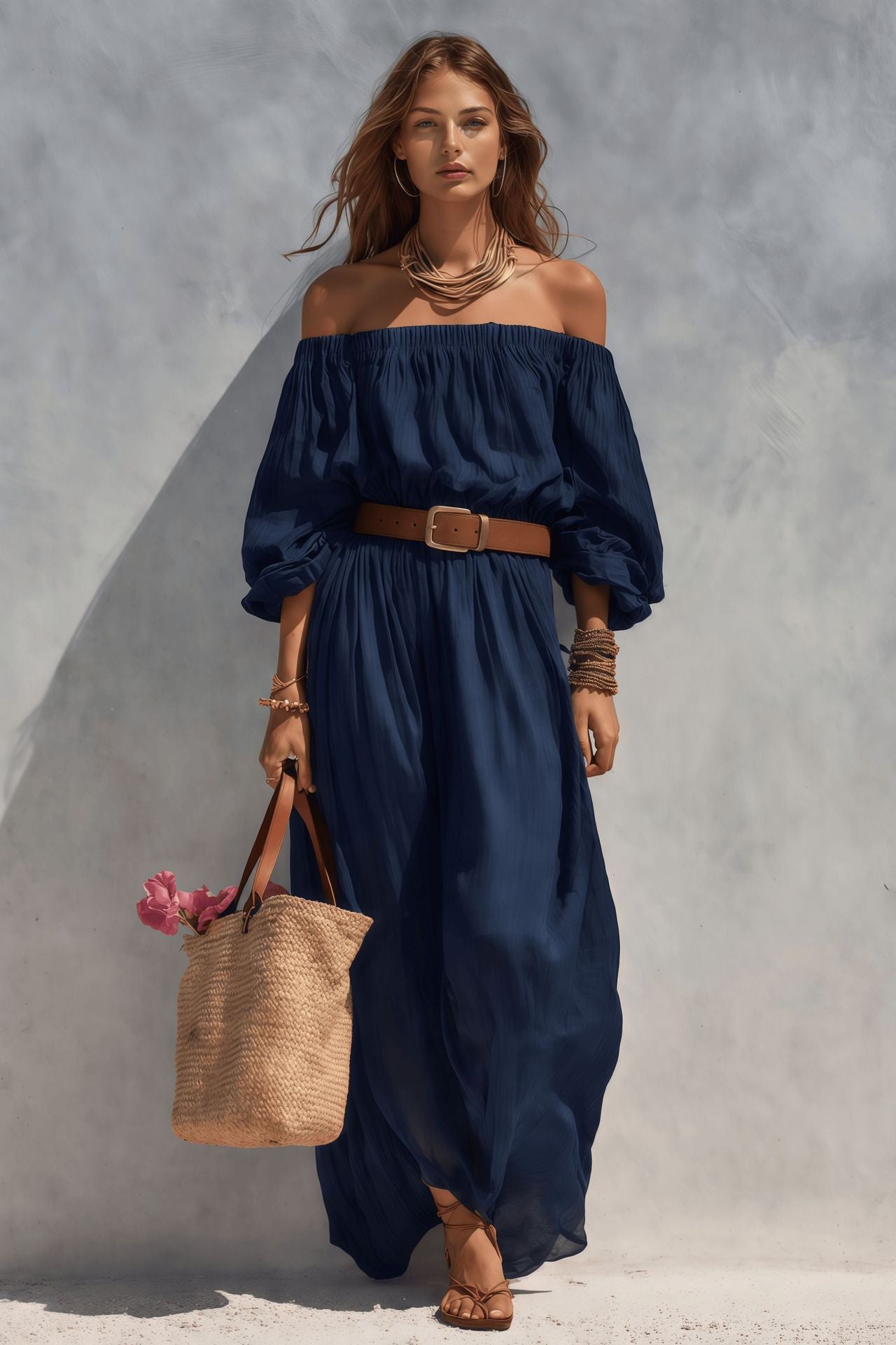 Women's Casual Beige Woven Off-Shoulder Long-Sleeve Maxi Dress (with Belt)