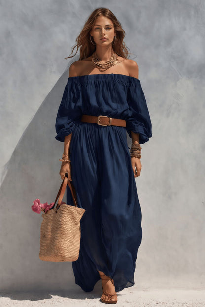 Women's Casual Beige Woven Off-Shoulder Long-Sleeve Maxi Dress (with Belt)
